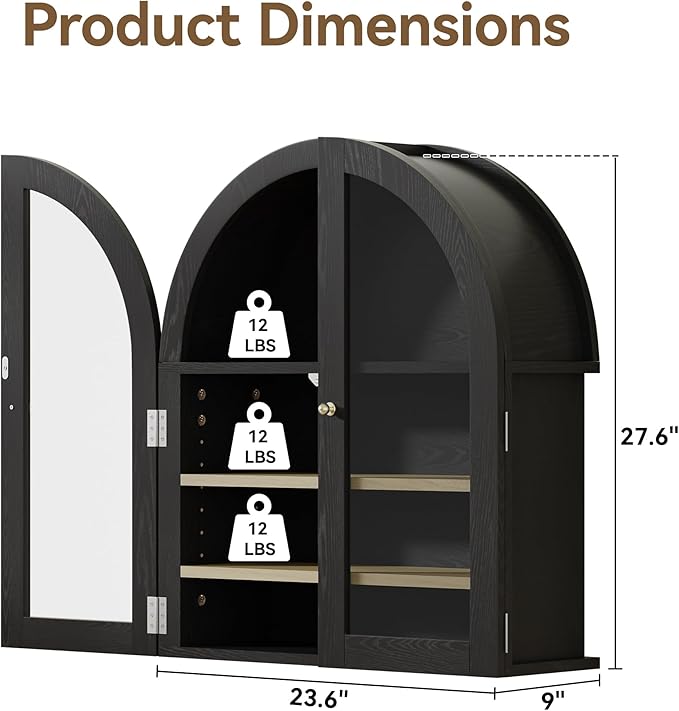 HOACT Arch Bathroom Wall Cabinet with Glass Door, 23.6" Above Toilet Storage Cabinet with Adjustable Shelves, Natural Medicine Cabinet for Kitchen, Laundry Room, Bedroom, Black