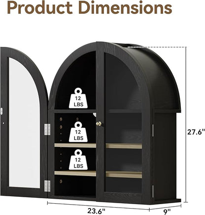HOACT Arch Bathroom Wall Cabinet with Glass Door, 23.6" Above Toilet Storage Cabinet with Adjustable Shelves, Natural Medicine Cabinet for Kitchen, Laundry Room, Bedroom, Black