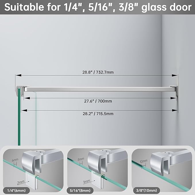 Frameless Shower Door Support Bar, Stainless Steel Wall-to-Glass Support Arm to Fixed Shower Glass Panel, for 1/4"-3/8" (6-10 mm) Door, 180° Pivot & Stow-Flat Mode (Brushed Nickel, 27.6-inch(700mm))
