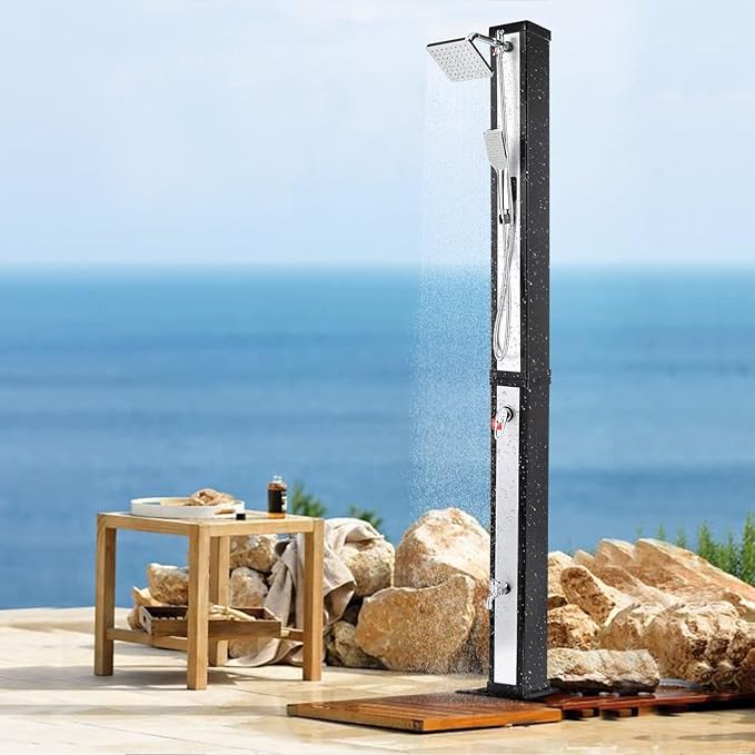 VINGLI Solar Heated Shower with Shower Head, Handhold/Foot Shower Tap for Outdoor Backyard Poolside Beach Pool Spa,Black (10.6 Gallon- Sliver&Black Surface)