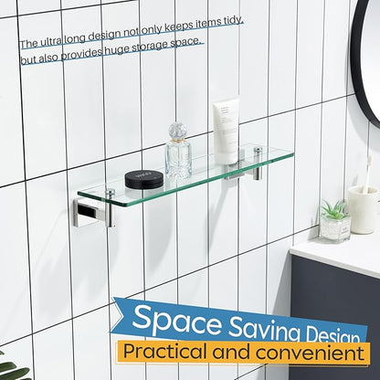 KOKOSIRI Bathroom Shelves Wall Mounted Floating Glass Shelf Polished Stainless Steel 20-Inch Hanging Rack for Storage/Room Decor 2 Pack B1105CH-L20-P2