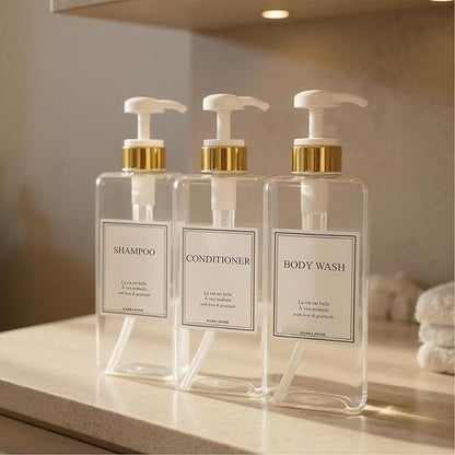 Modern Gold Design Shampoo and Conditioner Dispenser, Large 27oz Shower Soap Dispenser, Set of 3 Refillable Empty Plastic Pump Bottles for Bathroom, 6 Waterproof Labels Included, (Clear & White)