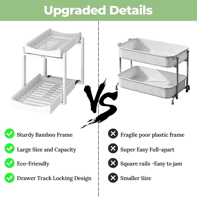 Bamboo Under Sink Organizer and Storage, 2 Pack Pull Out Cabinet Organization, 2 Tier Vertical Slide Out Undersink Storage Shelf, Multi-Purpose Organizer Shelves for Kitchen Bathroom Medicine, White