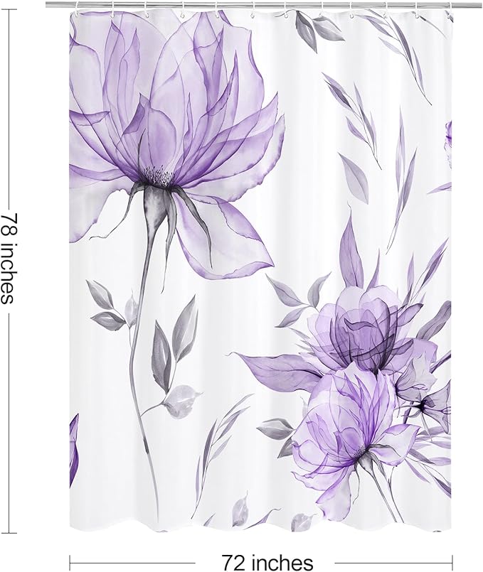 Long Boho Watercolor Floral Shower Curtain 72 x 78, Purple and Grey Ink Painting Style Flower Shower Curtains for Chic Elegant Bathroom, Artistic 78 Inch Long Fabric Shower Curtain