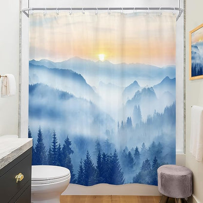 Riyidecor Misty Mountain Shower Curtain 60Wx72H Inch Blue Spring Scenery Sunrise Foggy Woodland Greenery Smokey Tree Nature Pine Scenic Bathroom Decor Fabric Polyester Waterproof 12 Pack Hooks