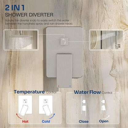 Ceiling Mount Shower System, Shower Faucet Set with 12-Inch Rain Showerhead and Handheld Spray Combo, High-Pressure Showerheads Set with Valve and Trim Kit, Brushed Nickel