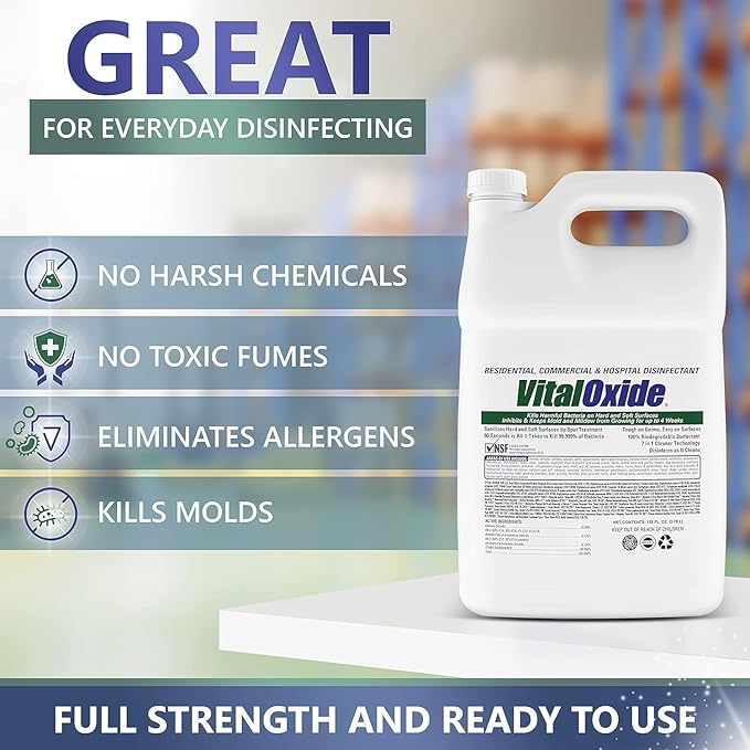 Vital Oxide Disinfectant, Deodorizer, Cleaner, Food-Contact Sanitizer, Virucide – (EPA registration #82972-1) – Kills Mold & Mildew, Eliminates Odors – 1 Gallon + 32oz Spray Bottle