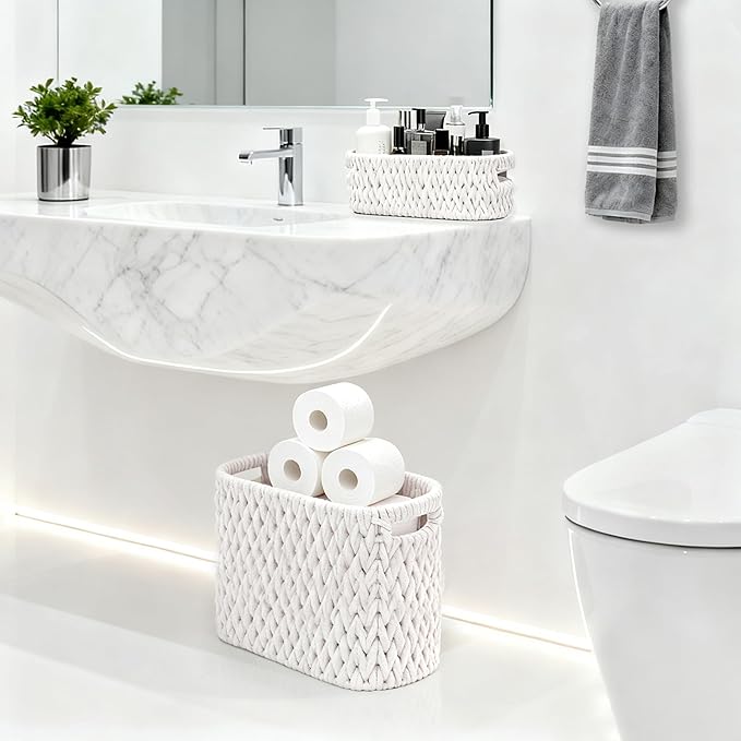 Boho Toilet Paper Storage Baskets, Cotton Rope Woven Bathroom Basket Set of 2, Standing Toilet Paper Holder for 6 Mega Rolls,Storage Bins for Toilet Tank Top, Bathroom Organizer Decor (White 2 Pack)