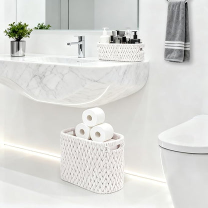 Boho Toilet Paper Storage Baskets, Cotton Rope Woven Bathroom Basket Set of 2, Standing Toilet Paper Holder for 6 Mega Rolls,Storage Bins for Toilet Tank Top, Bathroom Organizer Decor (White 2 Pack)