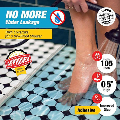 Shower Threshold Water Dam Barrier 105" - Transparent Collapsible Shower Water Blocker - Guard for Walk in Shower - Water Guard Stopper for Floor - Shower Door Water Blocker by Hippo Dam