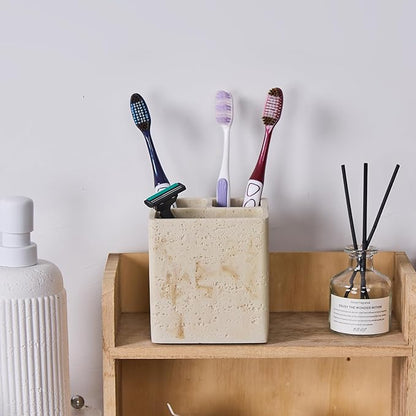 Natural Travertine Textures Toothbrush Holders for Bathroom, Electric Toothbrush and Toothpaste Holder 3 Slots Tooth Brush Organizer for Bathroom Countertop, Shower, Vanity