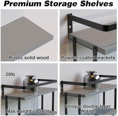 RICHER HOUSE 2+1 Tier Wall Mounted Floating Shelves Set of 2, Rustic Wood Wall Shelf with Metal Frame, Extra Storage Rack for Bathroom, Kitchen, Bedroom with Tissue Rack & Towel Bar - White Gold
