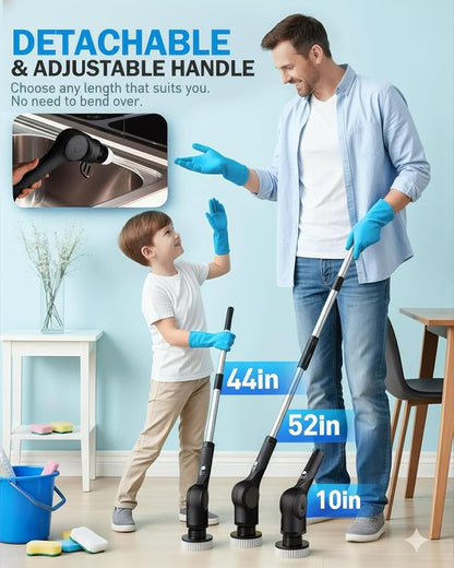 Electric Spin Scrubber, 3-Speed Cordless Shower Scrubber with 90° Adjustable & 10 Replaceable Brush Heads, 90 Mins Runtime & Full-Body IPX7 Waterproof Shower Cleaner Brush with Long Handle