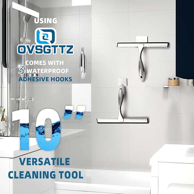 Shower Squeegee for Glass Door with 3 Adhesive Hook, Stainless Steel Glass Cleaning Squeegee for Bathroom & Household Window, Mirrors, Tiles and Car, 10 Inches, Clear, Silver