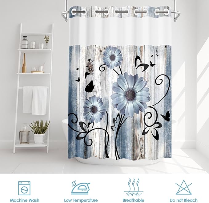 No Hook Blue Flower Shower Curtain with Snap in Fabric Liner Set, Daisy Rustic Farmhouse Double Layers Waterproof Fabric with See Through Top Window Open Grommet Bath Curtain 71x74 Inch