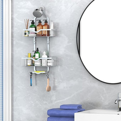 Kadolina Shower Caddy Hanging, Bathroom Shower Rack, Bathroom Organizer with Soap Dish, Over The Showerhead Caddy with Hooks for Razor/Sponge, Bright Silver (Assembly Required)