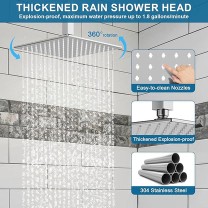Shower Faucet Set Polished Chrome Shower System, Ceiling Mount 12 Inch Shower Head With Wall Mount 6 Inch Shower Head and 2 in 1 Handheld Spray, Push Button Diverter Shower Valve Trim Kit