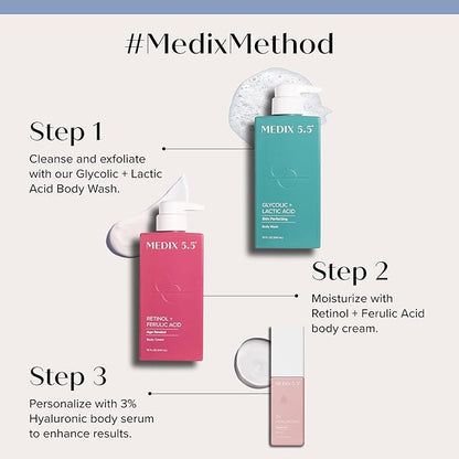 Medix 5.5 Anti Aging Skin Care 3PC Set | Retinol Body Cream + Exfoliating AHA Glycolic Acid Foaming Face Wash & Body Wash + Hyaluronic Acid Serum Booster, Cleanse + Treat + Hydrate Skincare Set, 3PC