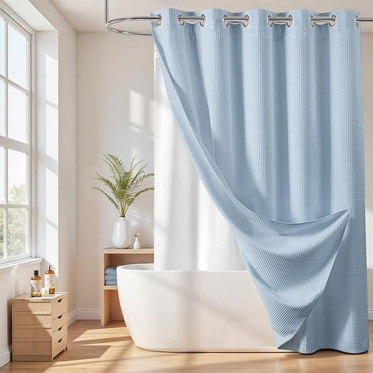 River Dream Cotton Blend Shower Curtain with Snap in Liner, Light Blue No Hook Shower Curtains for Bathroom, Hotel Grade, Water Repellent, 71" W x74 L