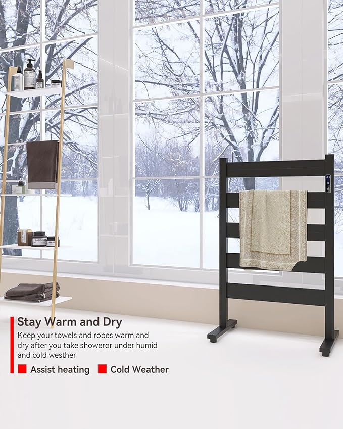 Towel Warmers for Bathroom, Space Aluminum Heated Towel Racks for Bathroom, with Built-in Timer&Temperature Adjustment, Freestanding Towel Heater,Matte Black,5 Bars