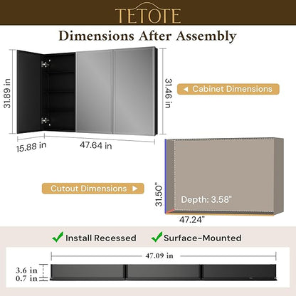 TETOTE 48 x 32 Bathroom Vanity Mirror Cabinet with Tempered Beveled Mirror Black Medicine Cabinet Aluminum Cabinet DTC Hinges, Stepless Adjustable Shelves, Recessed/Surface-Mounted