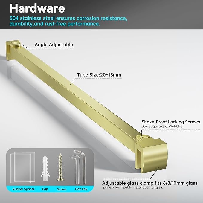 Frameless Shower Door Support Bar, Stainless Steel Wall-to-Glass Support Arm to Fixed Shower Glass Panel, for 1/4"-3/8" (6-10 mm) Door, 180° Pivot & Stow-Flat Mode (Brushed Gold, 19.7-inch(500mm))