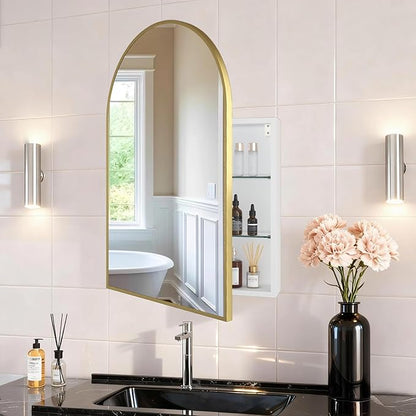 FKWin Gold Medicine Cabinet Mirror, Surface Mount Bathroom Storage Cabinet with Mirror for Left or Right Opening, not Recessed, Modern Vanity Bathroom Mirror with Storage, Gold, 20x30 inch