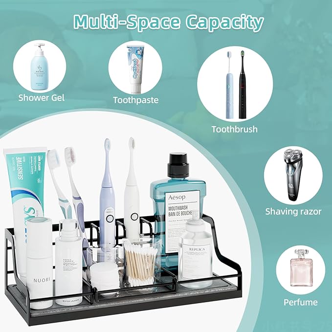 Toothbrush Holders, Bathroom Organizers and Storage with Instant Drying Stone, 6 Slots Bathroom Accessories with Adjustable Toothpaste Holders, Bathroom Counter Organizer, Black