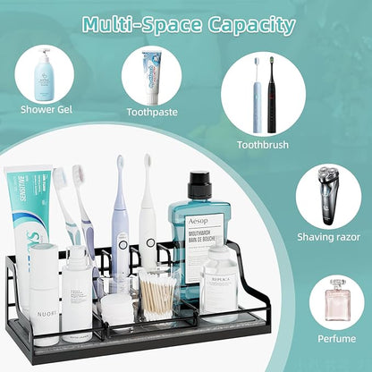 Toothbrush Holders, Bathroom Organizers and Storage with Instant Drying Stone, 6 Slots Bathroom Accessories with Adjustable Toothpaste Holders, Bathroom Counter Organizer, Black