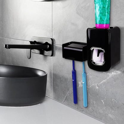 2 Slots Wall Mount Toothbrush Holder with Cover, Self Adhesive Toothbrush Storage Organizer for Shower, Toothbrush Hanger with Automatic Toothpaste Squeezer Dispenser(Black)