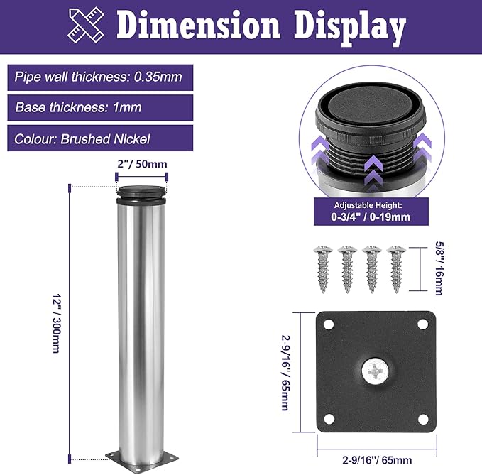 12 Inch Metal Furniture Legs Stainless Steel Adjustable Legs Silver Metal Legs Round Cabinet Legs for Coffee Table Cabinet Desk Sofa Shelves, Pack of 4