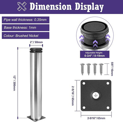 12 Inch Metal Furniture Legs Stainless Steel Adjustable Legs Silver Metal Legs Round Cabinet Legs for Coffee Table Cabinet Desk Sofa Shelves, Pack of 4