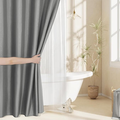 MitoVilla 3 in 1 Shower Curtain Set, Grey Boho Farmhouse Linen Textured Bath Curtain and Clear PEVA Liner Set with 12 Double Sided Steel Hooks, Waterproof Fabric Hotel Bathroom Curtain - 72x72
