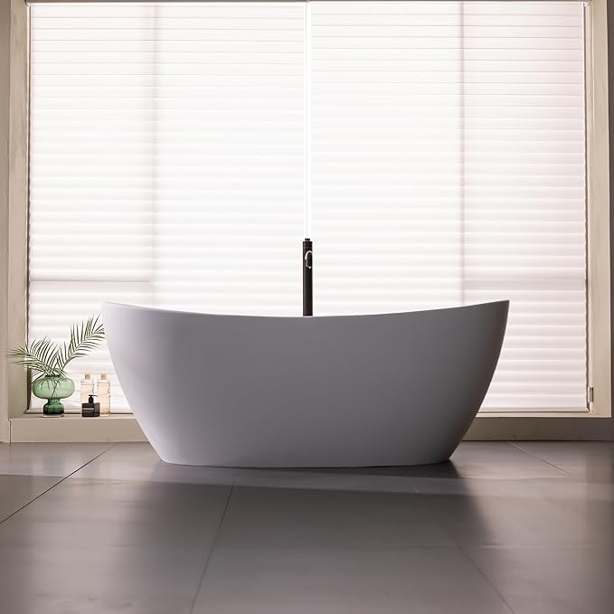 73'' High-back Freestanding Solid Surface Resin Stone Bathtub, Freestanding Tub, Contemporary Design Stand Alone Tub with Pop-up Drain and Overflow, Matte White (Oval)
