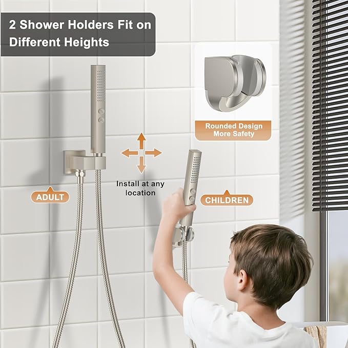 Rain Shower System Brushed Nickel Shower Faucet Set, Dual Rainfall Shower Head Set with 2 in 1 Handheld Spray, Ceiling Mount 12-inch & 6-inch Square Showerheads with Valve, Brushed Nickel