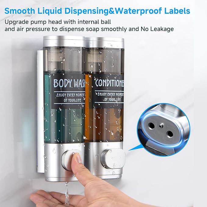 Shampoo and Conditioner Dispenser,GlintGath Shower Dispenser 2 Chamber No Drill Shampoo Dispenser for Shower Wall Mounted Shower Soap Dispenser for Bathroom Hotel,2 * 300ML,Silver