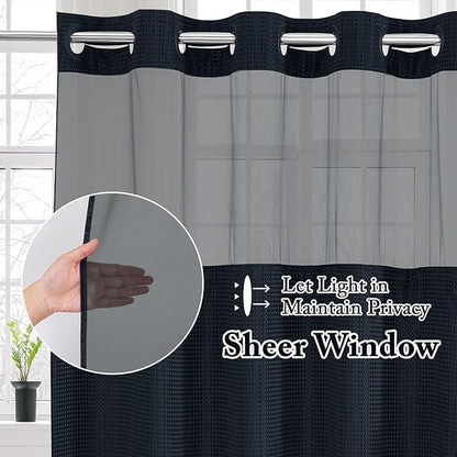 Gibelle No Hook Waffle Weave Shower Curtain with Snap-in Fabric Liner Set for Bathroom, Hotel Style with Mesh Top Window, Waterproof & Washable, Navy Blue, 72x74