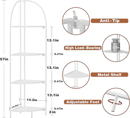 Crofy Foldable 4 Tier Corner Shelf, Metal Corner Plant Stand with White Frame and White Shelves, Corner Display Rack Multipurpose Shelving Unit for Living Room, Bedroom, Bathroom