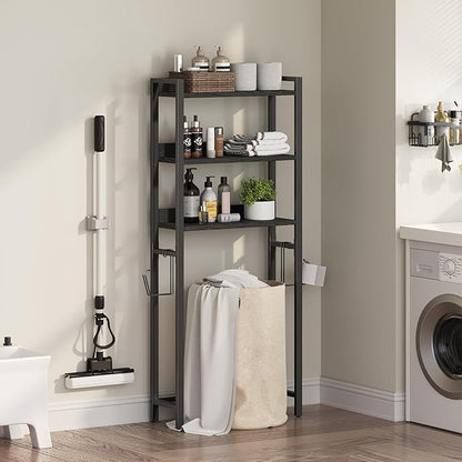 Over The Toilet Storage Rack, 3 Tier Bathroom Organizer Over Toilet, Freestanding Space Saver Toilet Stand with 2 Hooks, Bathroom Storage Shelf, Easy to Assemble, Black TSBK6001