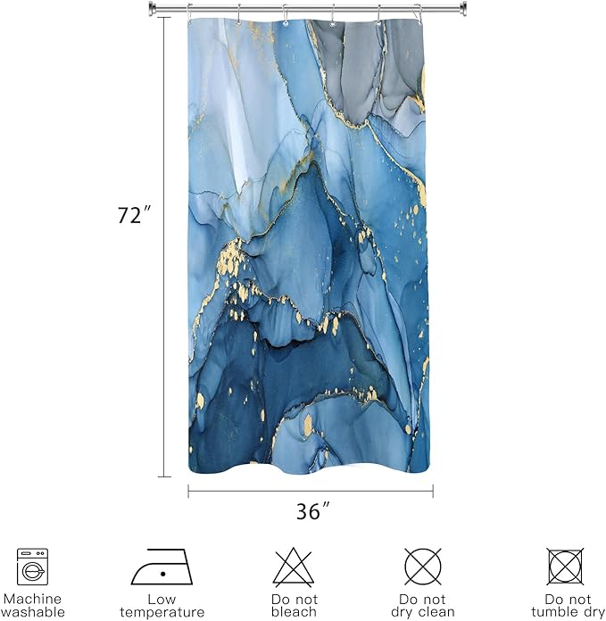 Small Stall Marble Shower Curtain 36 x 72 Inch, Half Narrow Abstract Modern Shower Curtains for Bathroom, Luxury Art Ink Texture Fabric Shower Curtain Set with Hooks, Blue