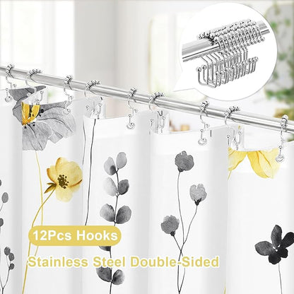 Gibelle 3 in 1 Shower Curtain Set, Yellow Watercolor Floral Bath Curtain and PEVA Liner Set with 12 Double Sided Steel Hooks, Waterproof Fabric Bathroom Curtain 72x72