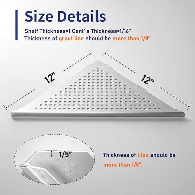 Corner Shower Shelves, 12" Brushed 304 Stainless Steel Recessed Shelf for Bathroom, Grout in Shelf for Tiled Wall, 2 Pack Large Size