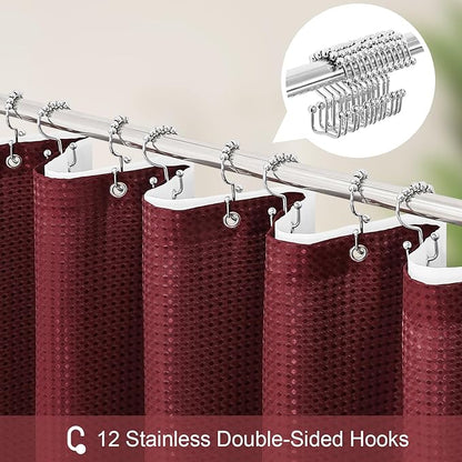 3 in 1 Shower Curtain Set, Burgundy Waffle Shower Curtain and PEVA Liner Set with 12 Stainless Steel Shower Curtain Hooks, Waterproof Fabric Shower Curtains for Bathroom, 72 W x 72 H