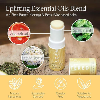 Scentered Aromatherapy Balm Stick - Happy - Mood Boost Roll On Essential Oils Blend for Positive Thinking - Grapefruit, Cedarwood, Lemon Myrtle Essential Oil - Self-Care Stocking Stuffers for Women