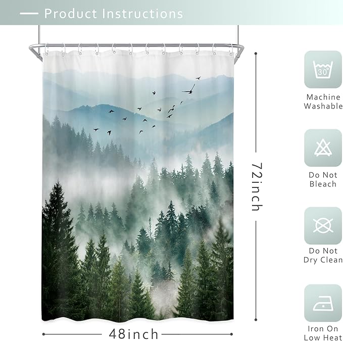 Riyidecor Green Mountain Shower Curtain，Stall Narrow Rv Small Nature Woods，Landscape Scenery Pine Tree Scenic Woodland Rustic Bathroom Decor，Fabric Polyester Waterproof 12 Pack Hooks 48Wx72H Inch