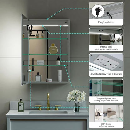 WELLFOR 20" X 30" LED Medicine Cabinet with Mirror, Single Left Opening Door, Recessed or Surface Cabinet Mirror, Bathroom Mirror Cabinet, Medicine Cabinet with Lights with Outlets & USB Ports