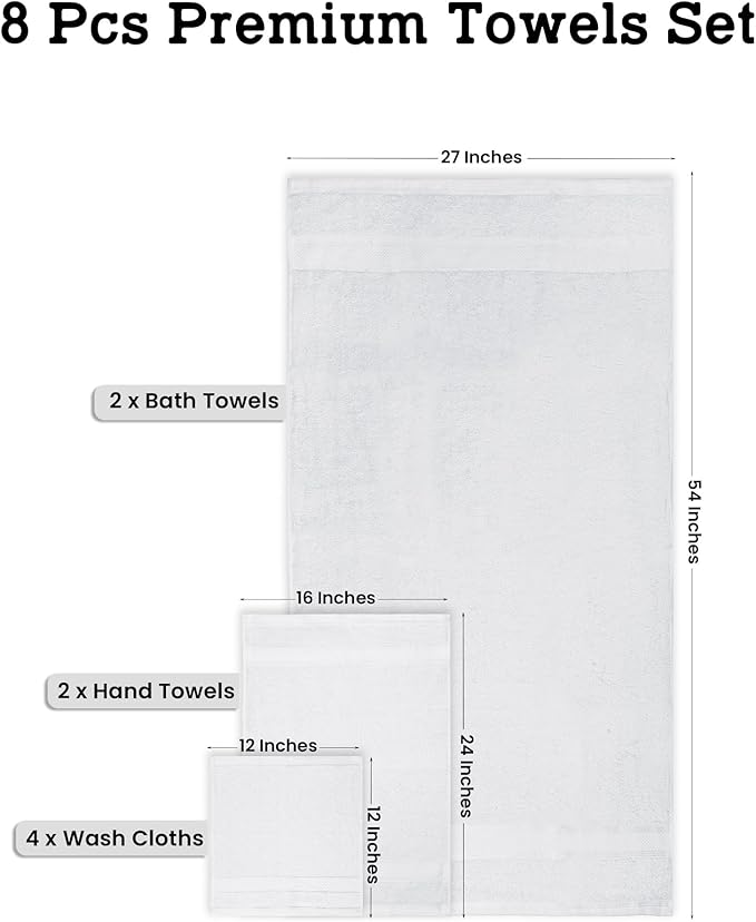 Casa Lino Bath Towel Set of 8 (2 Bath Towels, 4 Wash Cloths & 2 Hand Towels for Bathroom) - 100% Cotton - Highly Absorbent & Quick Dry - Guest Room Essentials for Bathroom Set - (White)