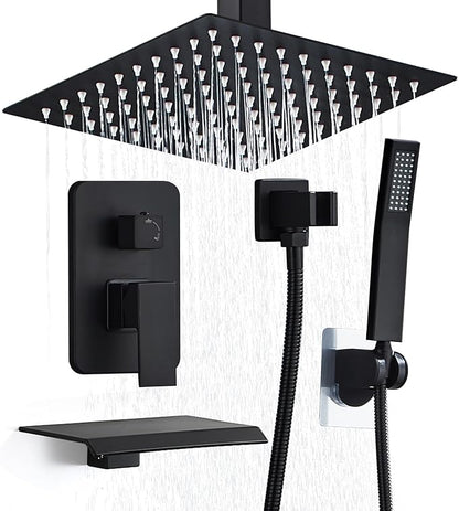 12 Inch Shower Faucet Set, Ceiling Mounted Rainfall Shower System with High Pressure Handheld Shower Head, Bathroom Mixer Shower Set Rough-in Valve and Trim Kit, Matte Black, with Tub Spout