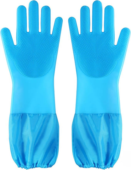 Dog Washing Gloves | Pet Grooming Gloves | Extra Long Arms (17.3") for Cats & Dogs | Massage & Hair Removal Pet Glove(Blue)