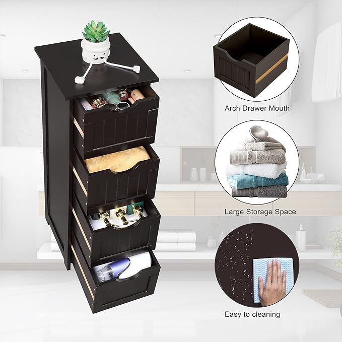 Bonnlo Skinny Bathroom Floor Storage Cabinet, 12 Inch Wide Deep Small Storage Organizer with 4 Drawers, Wooden Modern Espresso Thin Free Standing Tower Cabinet w/ 4 Cute Drawers for Bathroom